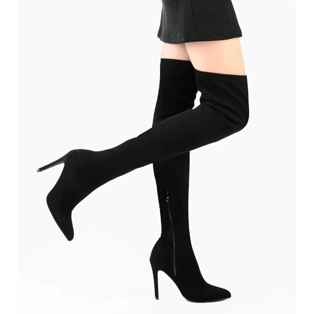 🆕Women Suede Black Over The Knee High Stretchy Leather Thigh High Snow Boots